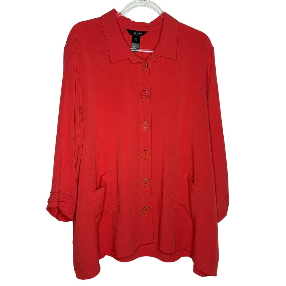 Ali Miles Womens 2X Coral Tunic Top Pockets 3/4 Sleeve Button Artsy Art to Wear